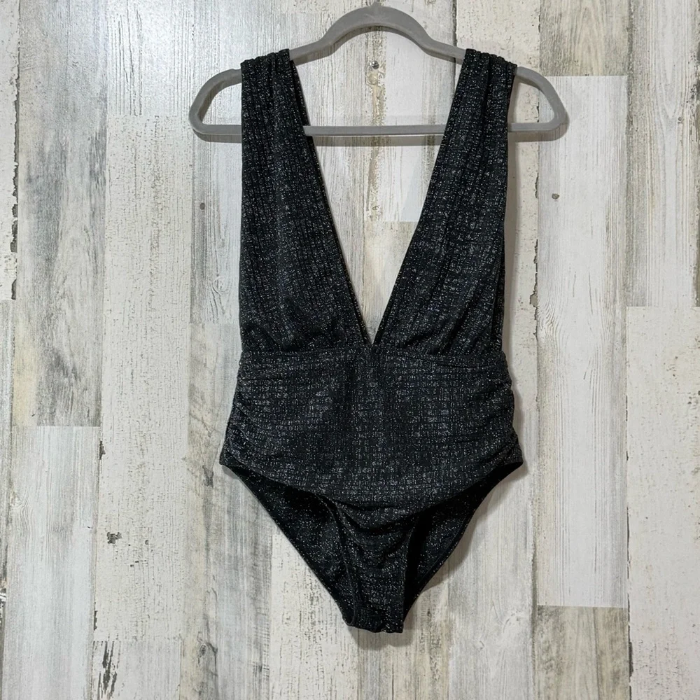 V Neck Glitter Sparkling Black Women's One-Piece Swimsuit